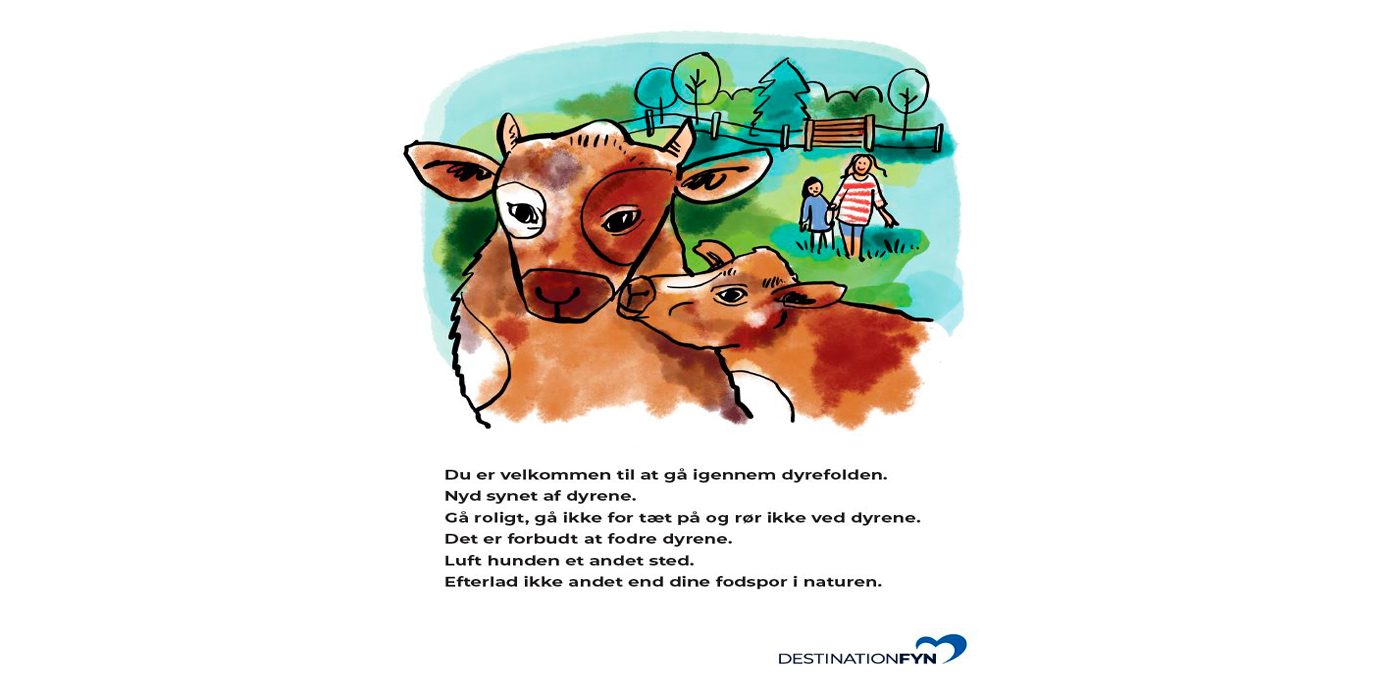 Illustration af køer i dyrefold med regler for færden under