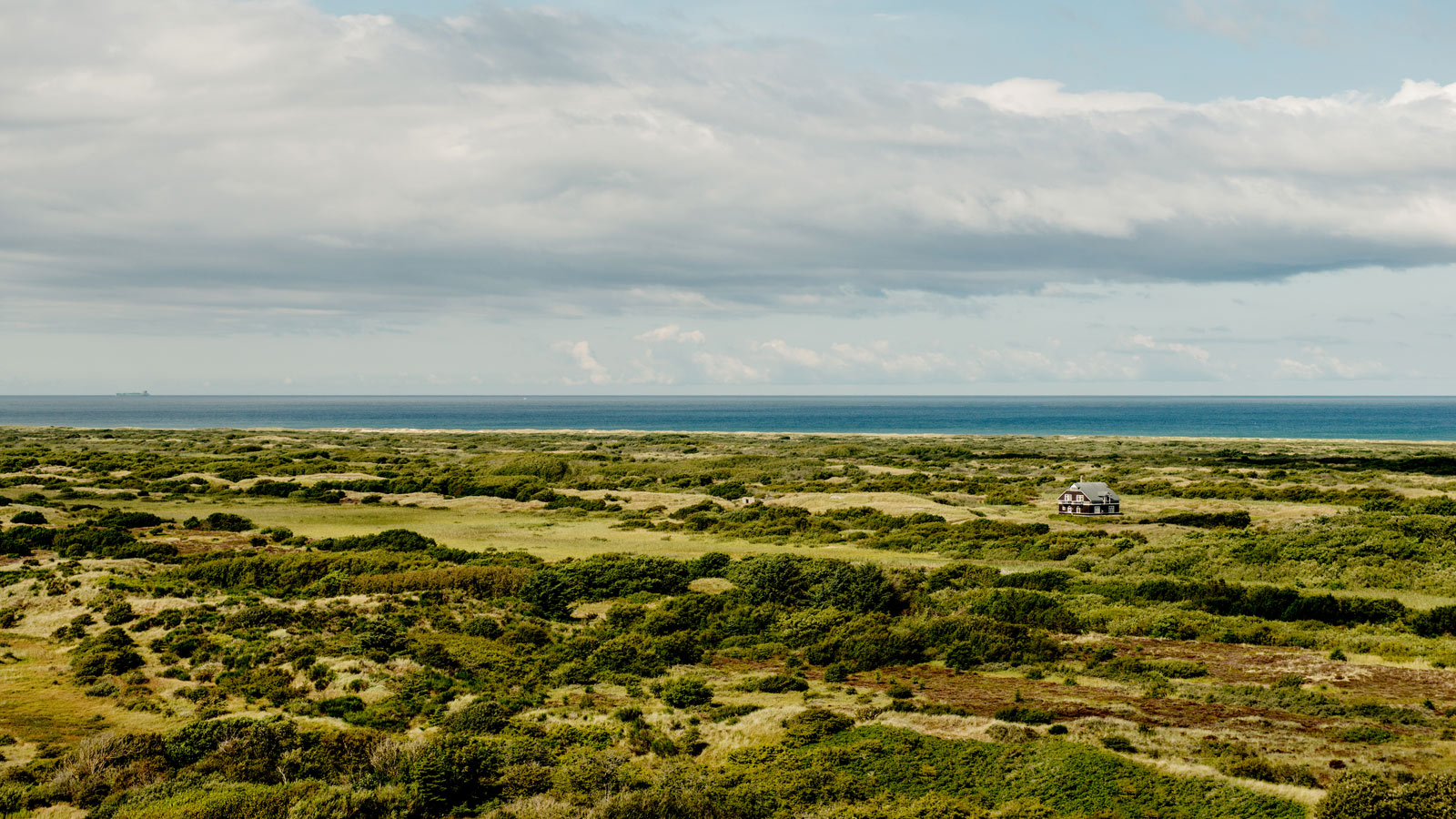 Dronefoto over klitlandskab og havet