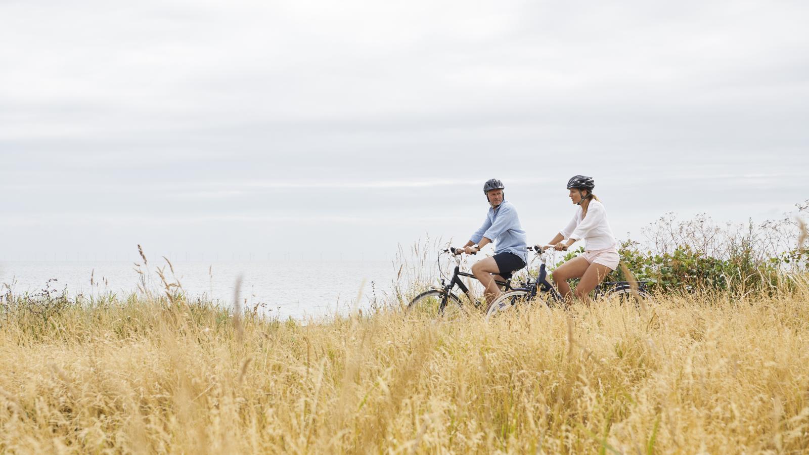 To cyklister kommer kørende langs en sti. 